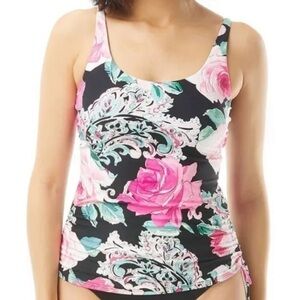 Carmen Marc Valvo Tankini Top Pink Floral Ruched Tie Side Corded Hem $110 C2H268
